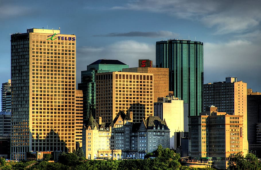 brown and green city buildings, edmonton, canada, skyline, cities HD wallpaper