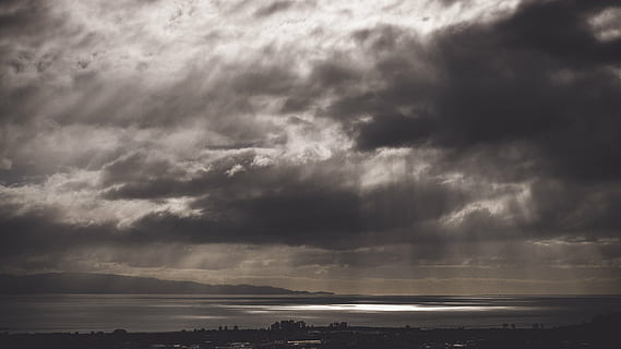 beach, black-and-white, cloud, dark, dramatic, dusk, landscape HD wallpaper