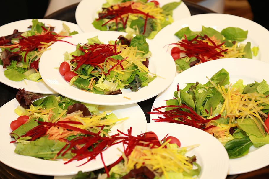 vegetable salads and white plates, catering, appetizer, dish HD wallpaper