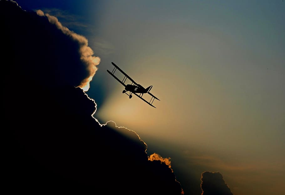 silhouette of biplane, aircraft, double decker, propeller plane