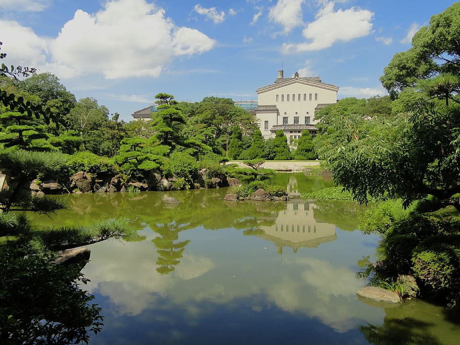 Osaka, Japan, Clouds, Scenic, sky, building, lake, trees, nature HD wallpaper