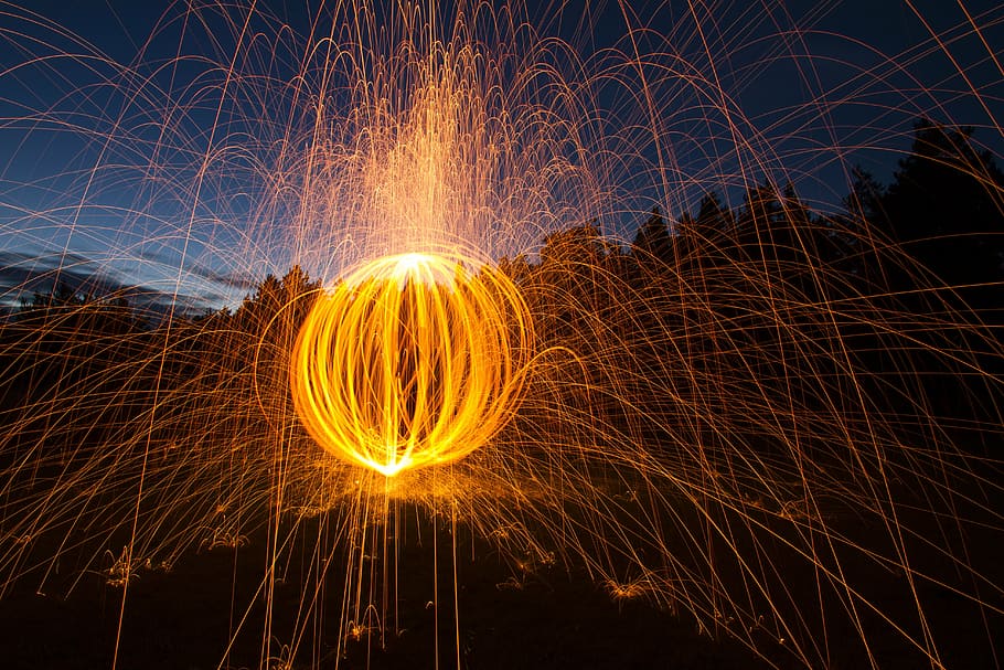 fire ball, sphere, light painting, night, sparks, sky, the darkness HD wallpaper