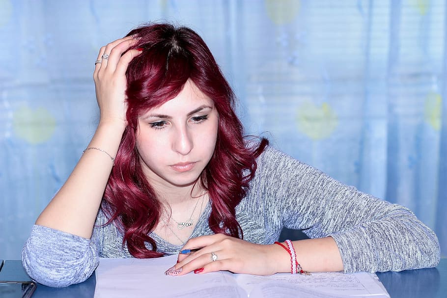 Study, Girl, Writing, Notebook, learning, redhead, one woman only HD wallpaper