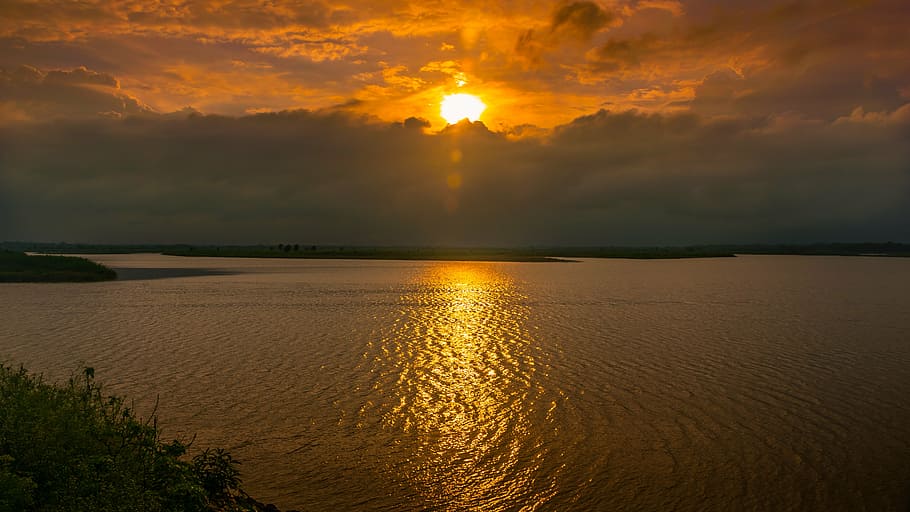 sunset, yellow, water, cloud, sky, nature, landscape, travel HD wallpaper