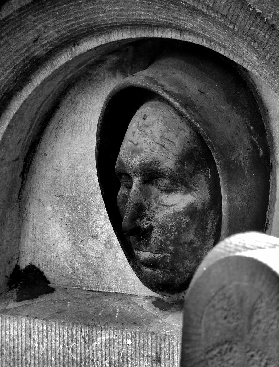 face, dark, grave, tomb, cemetery, head, sculpture, black And White HD wallpaper