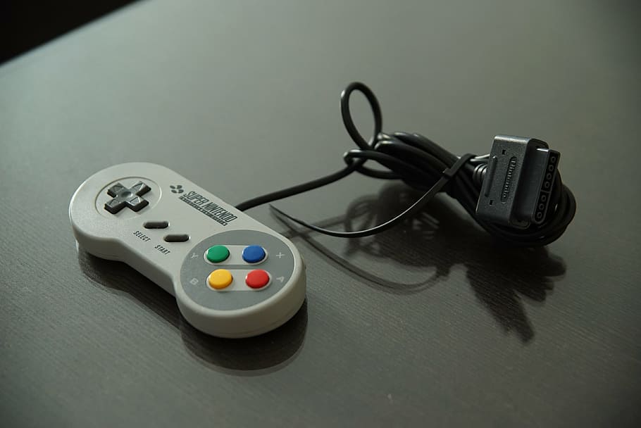 SNES controller on gray pad, video game, play, nintendo, switch, HD wallpaper
