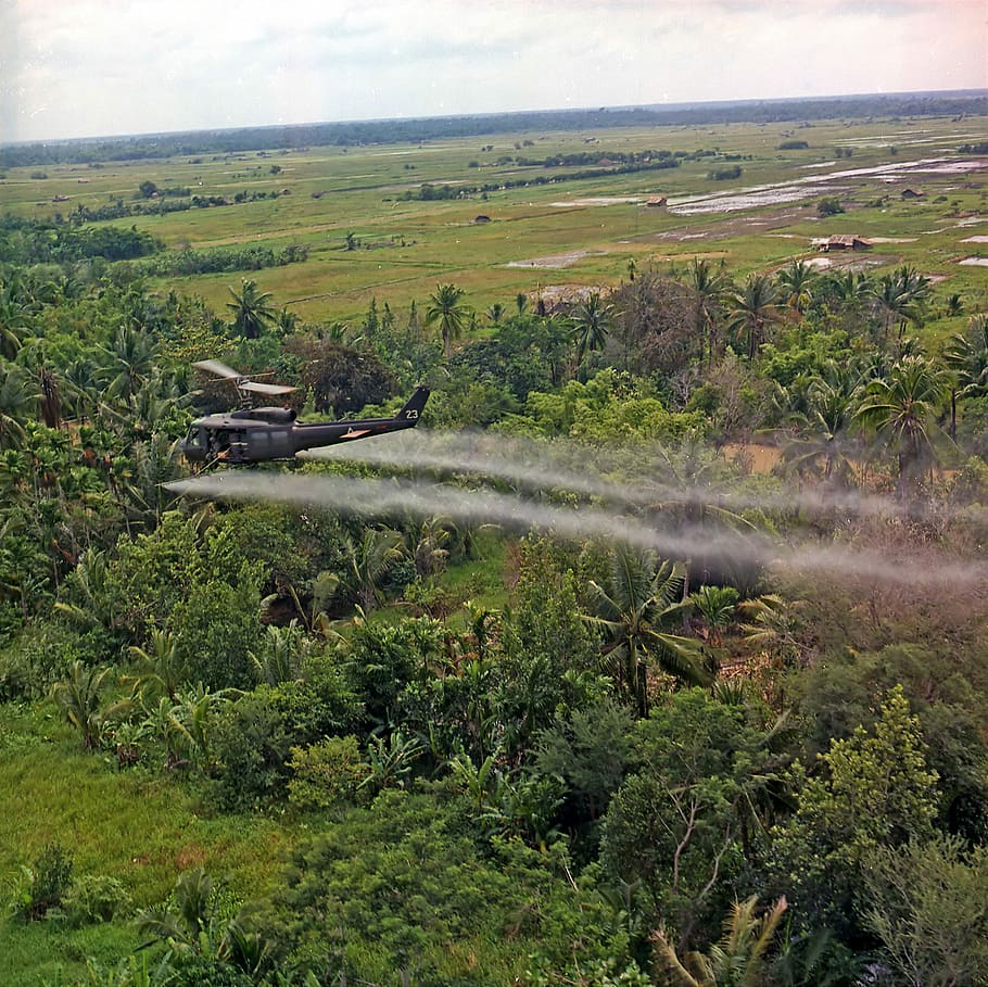 U.S. helicopter spraying chemical defoliants in the Mekong Delta during the Vietnam War, HD wallpaper