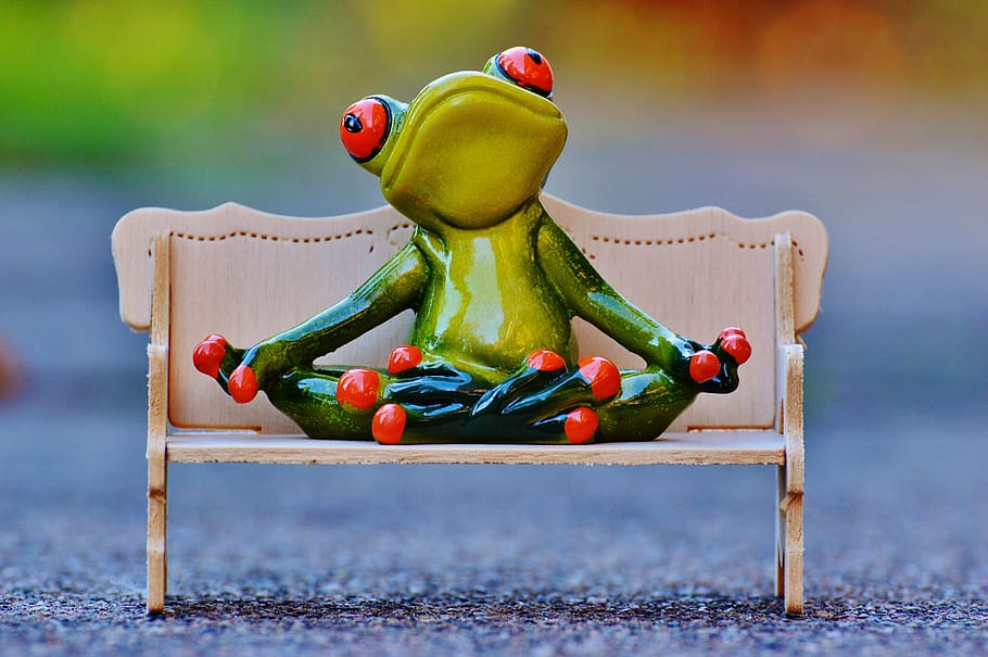 closeup photo of ceramic tree frog sitting on chair, bench, relaxation