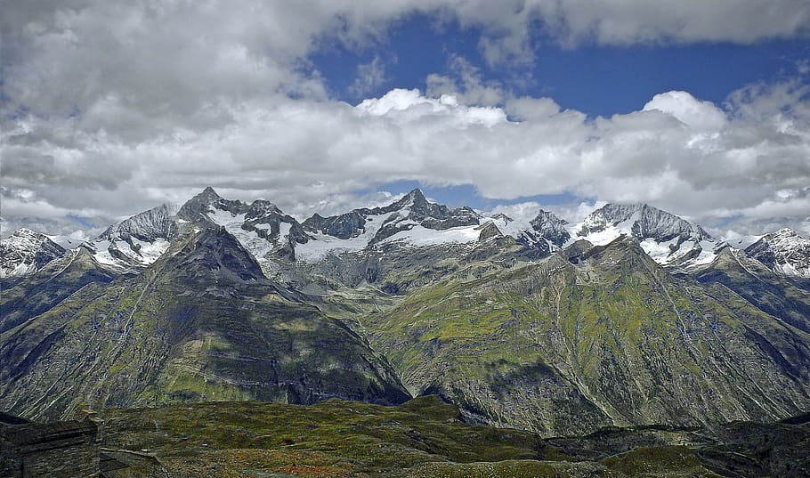 Nature, Mountain Range, mountains, clouds, blue sky, air, alps HD wallpaper