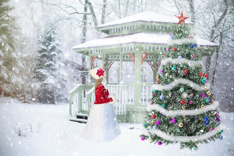 HD wallpaper: female in red dress in front of Christmas tree and gazebo ...
