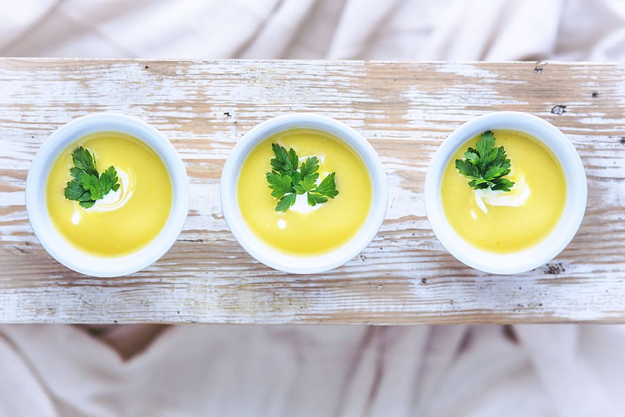 three round white ceramic cups, leek, potato, soup, food and drink HD wallpaper