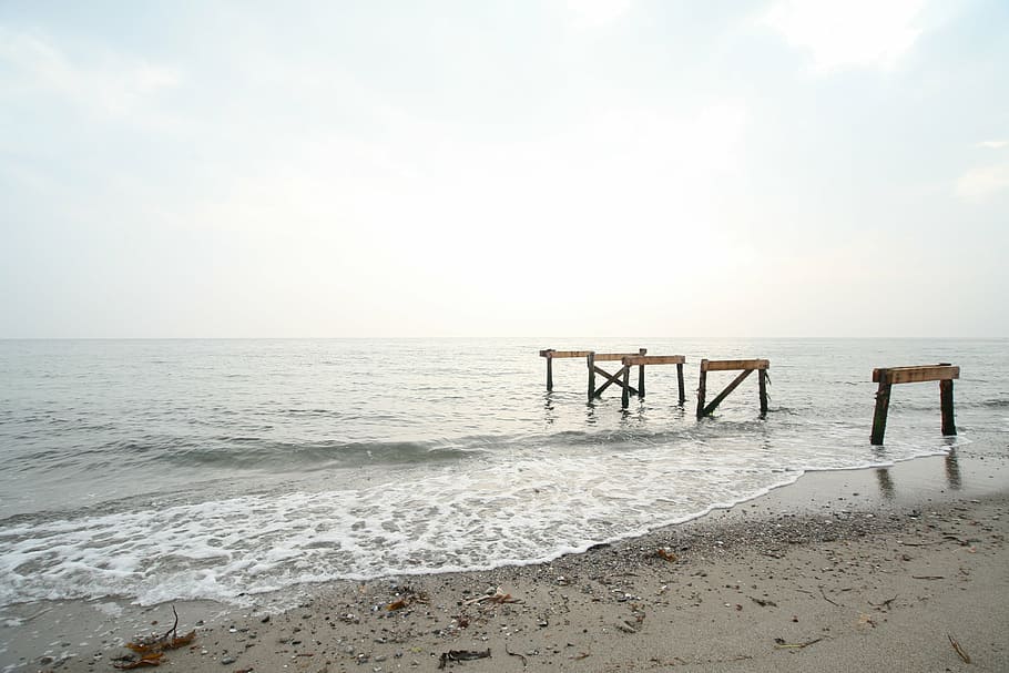 beach, bridge, broken, ocean, sand, seashore, sky, water, wood HD wallpaper