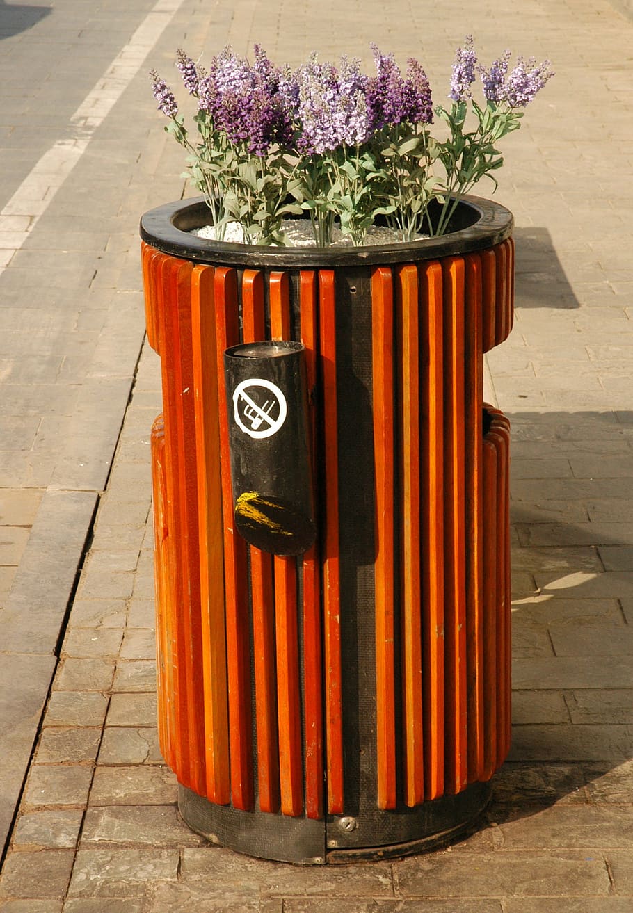 trash, cans, dustbin, garbage can, waste, nice, flowers, plant, HD wallpaper