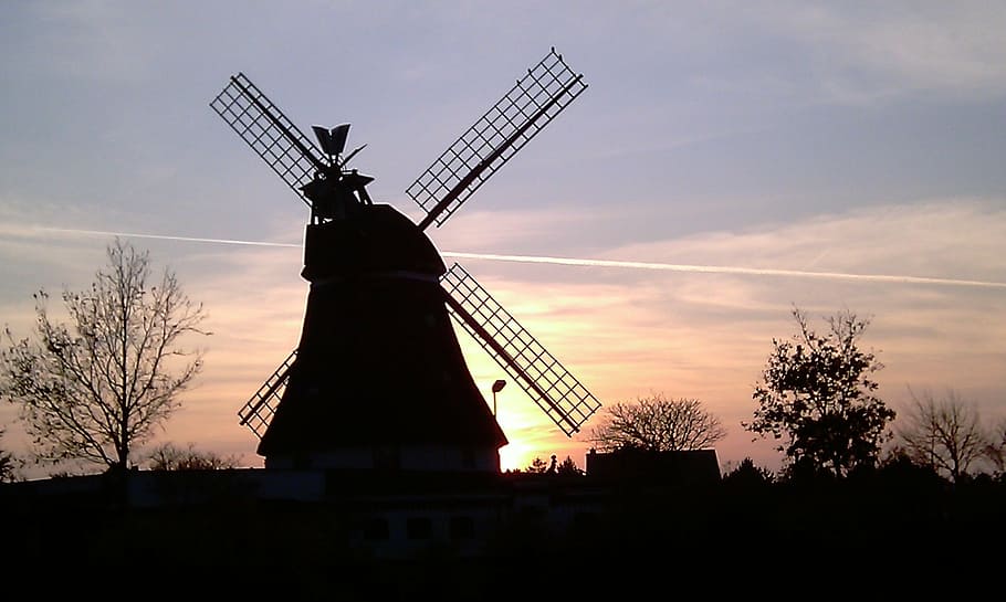 mill, afterglow, windmill, back light, nature, twilight, landscape HD wallpaper