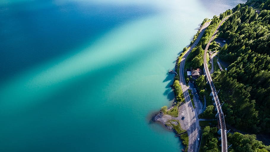 bird's eye view photography of road coastline, aerial view of road near body of water, HD wallpaper