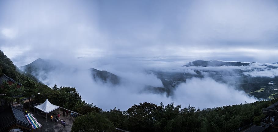 fog, landscape, travel, cloud, temple, morning mist, the cancer HD wallpaper