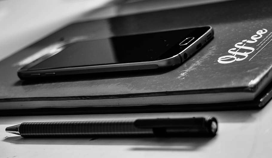 mobile, phone, gadget, notebook, black and white, pen, touchscreen HD wallpaper