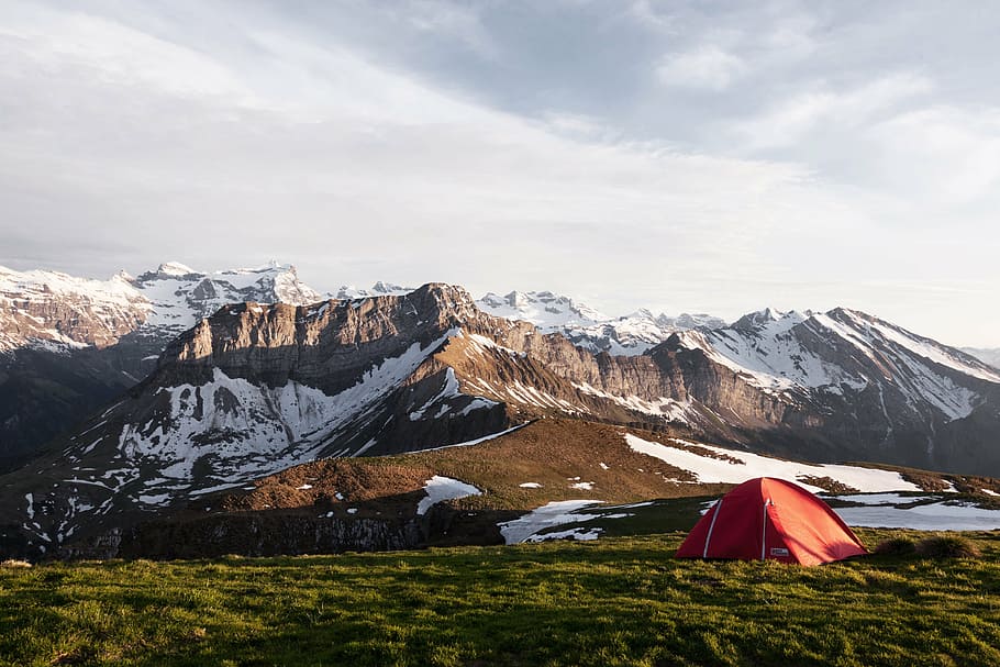red dome tent near brown and white mountains at daytime, camping HD wallpaper