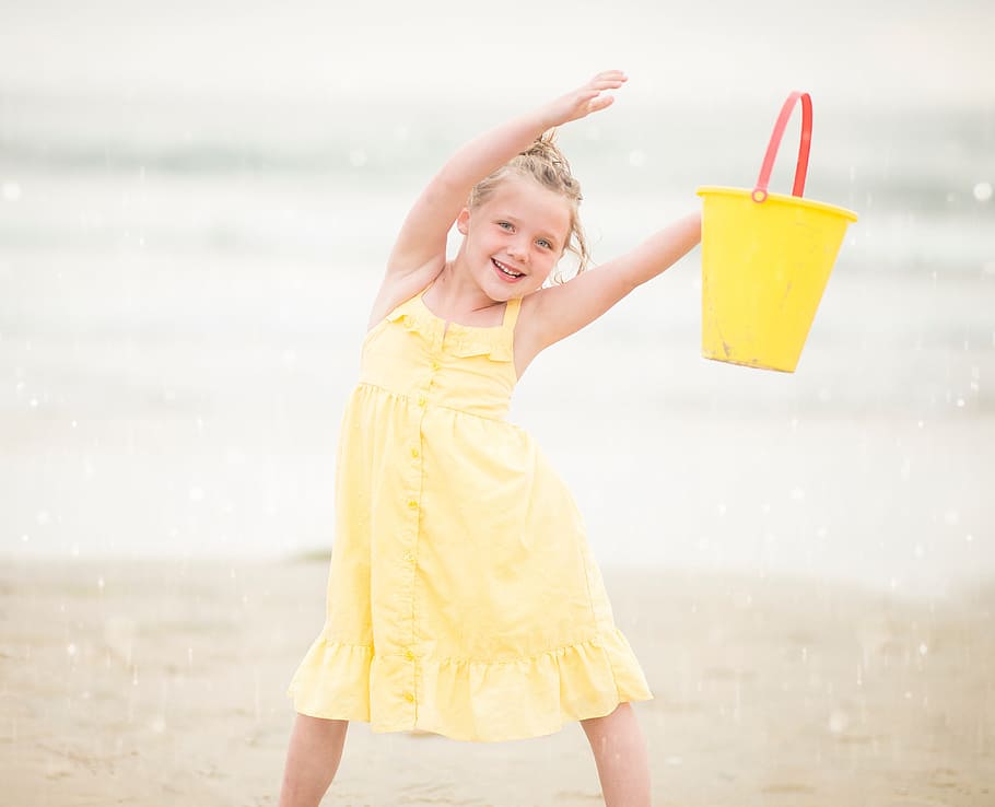 kid, yelow, beach, smiling, happiness, emotion, water, childhood HD wallpaper