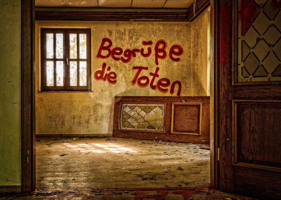 begrube die toten painted on wall, mortuary, the morgue, lost places, HD wallpaper