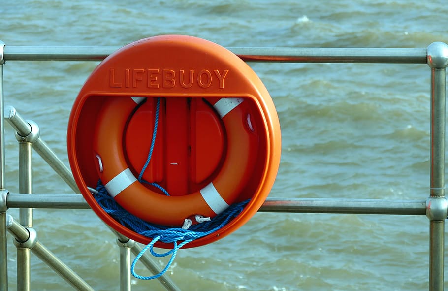 lifebuoy hanging on ship rails, rescue, help, safety, ring, water