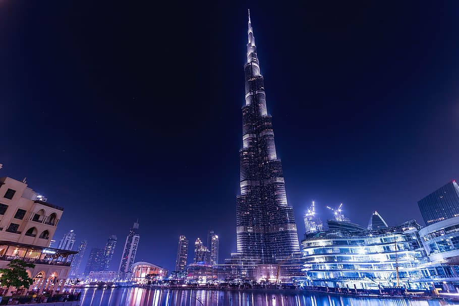 black lightened tower during night time, burj khalifa, emirates, HD wallpaper