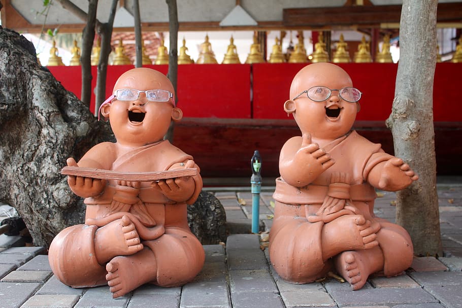 two baby statues, buddha, figures, stone figure, sculpture, buddhism, HD wallpaper