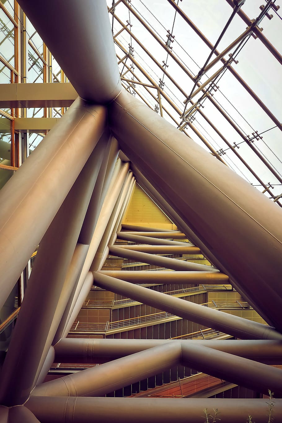 brown building roof frame, architecture, interior design, staircase HD wallpaper