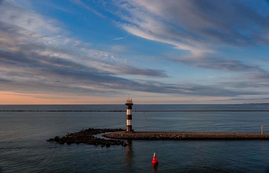 waters, sunset, sea, lighthouse, dawn, rotterdam, evening sky HD wallpaper