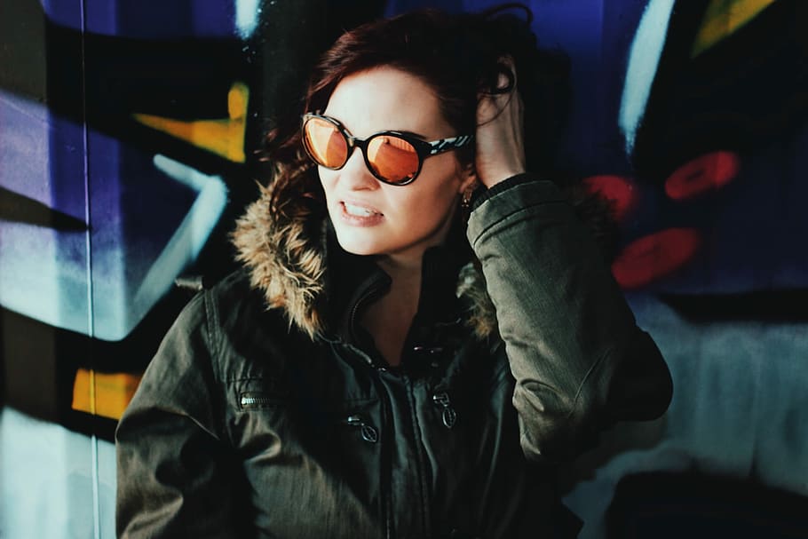 woman wearing green jacket, women's black coat, female, model HD wallpaper