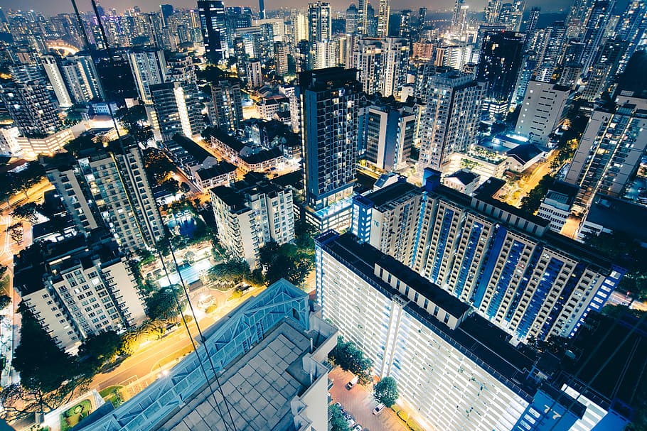 aerial photograph of cityscape, aerial photo of city during nighttime HD wallpaper