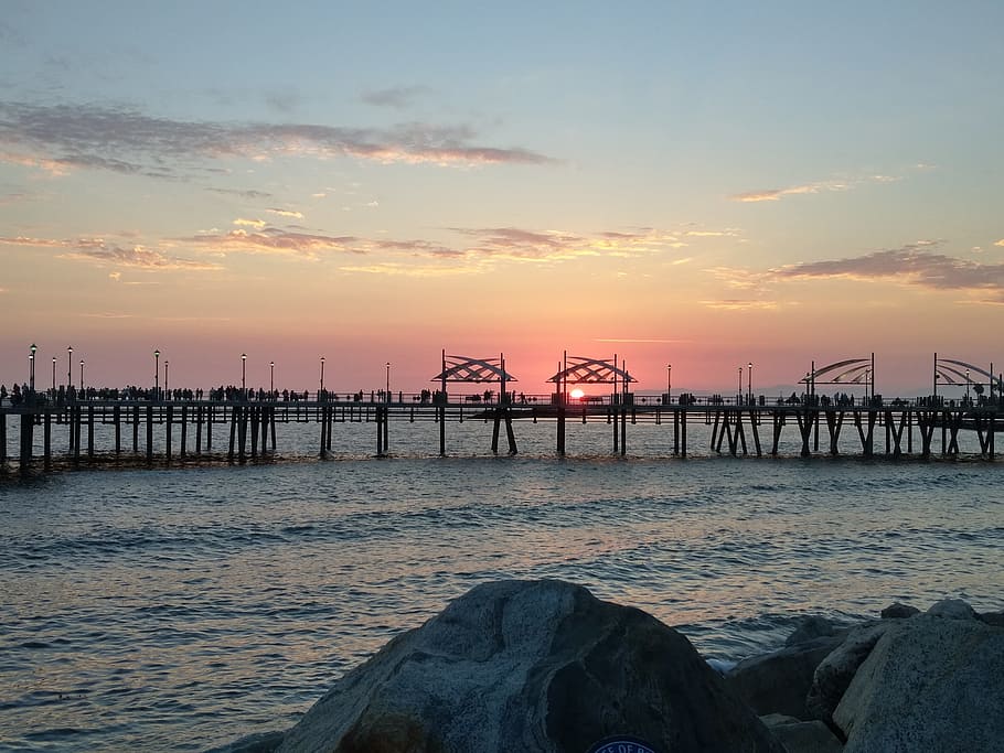 pier, sunset, peaceful, ocean, vacation, tourism, water, sea HD wallpaper