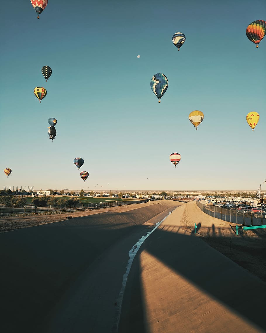 floating hot air balloons under blue calm sky, hot air balloons flying under blue sky at daytime, HD wallpaper