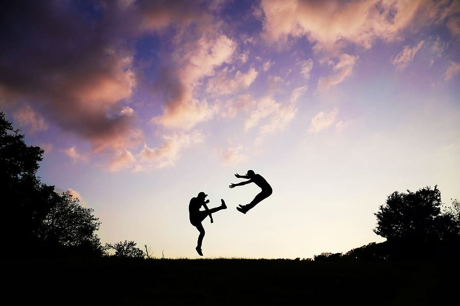 clouds, jumping, people, silhouette, sky, twilight, sunset HD wallpaper