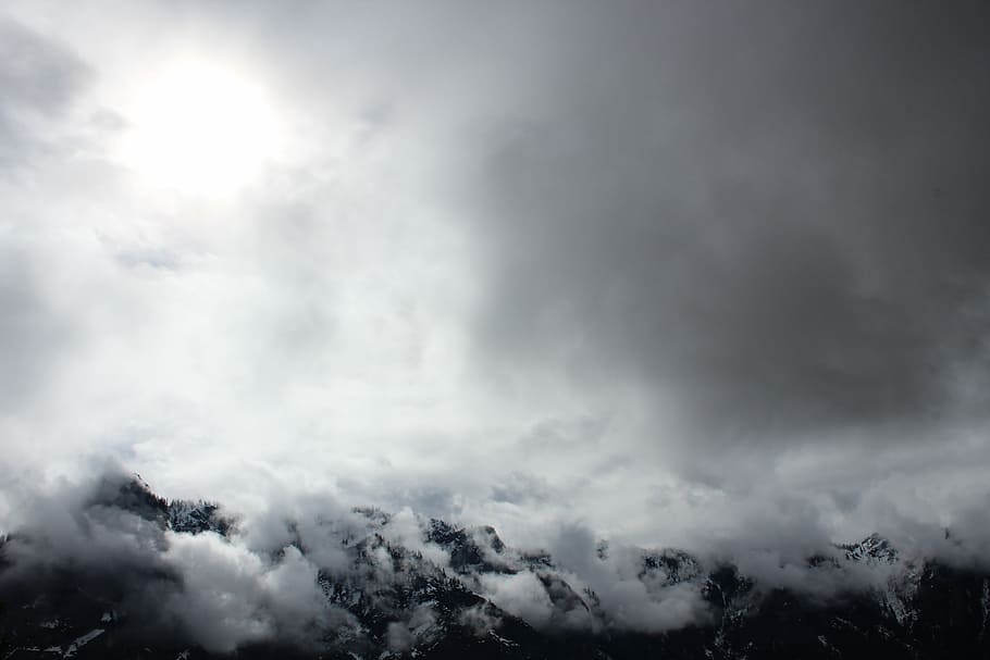 cloudy sky over alp mountain, white and gray cloudy clouds, mist HD wallpaper