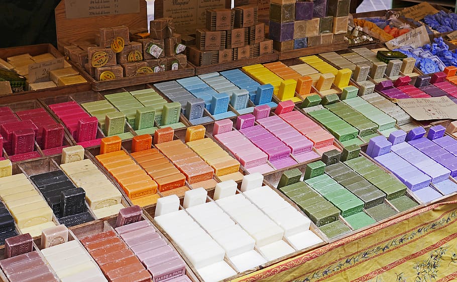 assorted-color soap lot, flower market, nice, stand, colorful