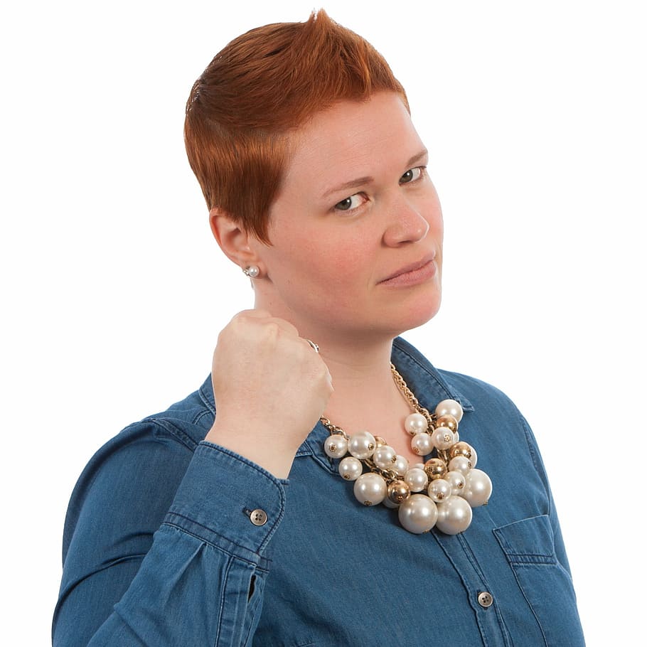 woman in blue denim jacket showing fist, poses, female, education HD wallpaper