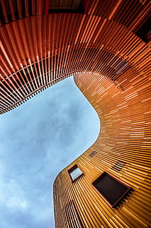 low angle of orange architectural building, abstract, architecture HD wallpaper
