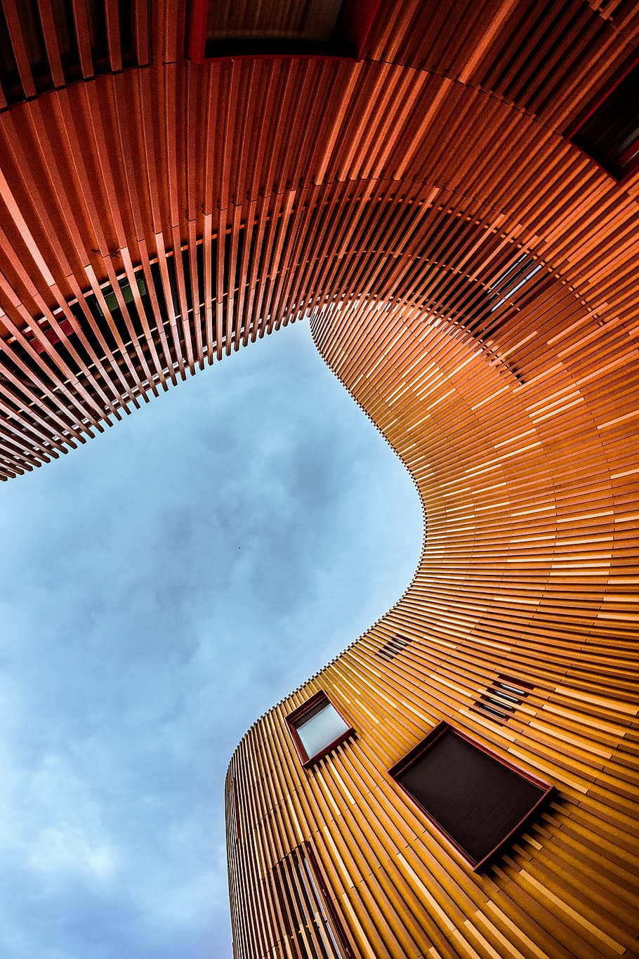 low angle of orange architectural building, abstract, architecture, HD wallpaper