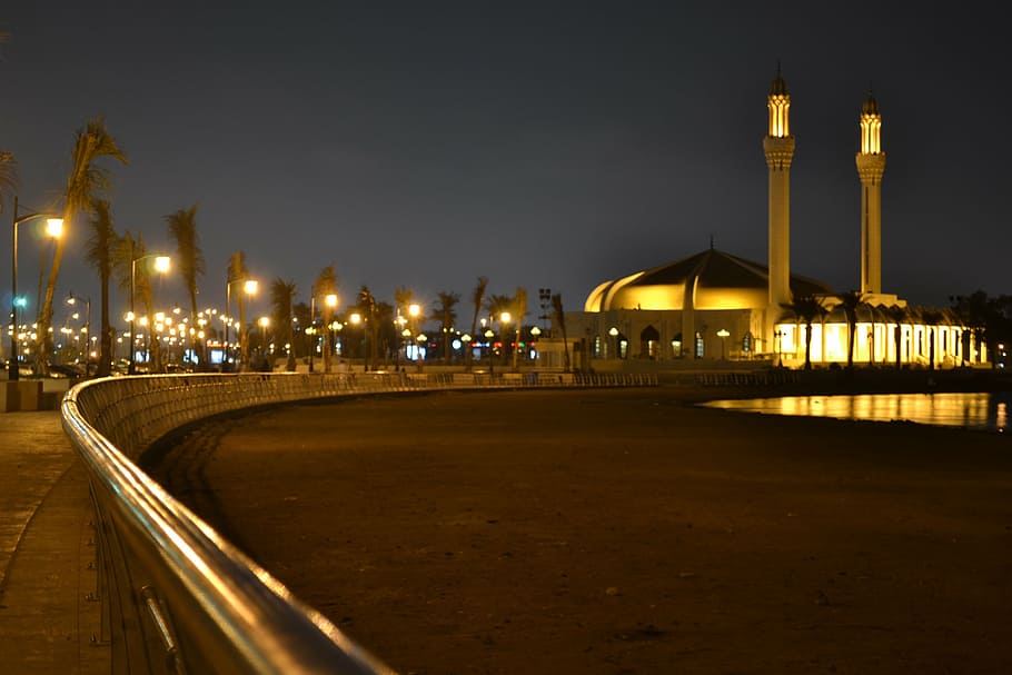 jeddah, mosque, saudi, landmark, illuminated, night, architecture HD wallpaper