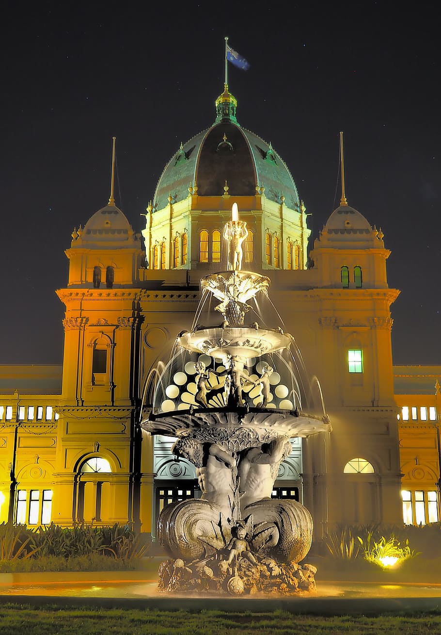 Melbourne, City, Fountain, dome, night, illuminated, architecture, HD wallpaper