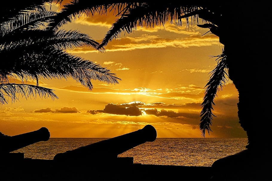 sunset, crepuscular rays, ocean, cannons, silhouettes, palm trees HD wallpaper