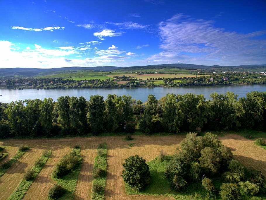 aerial view of river between trees, drone, quadcopter, camera HD wallpaper