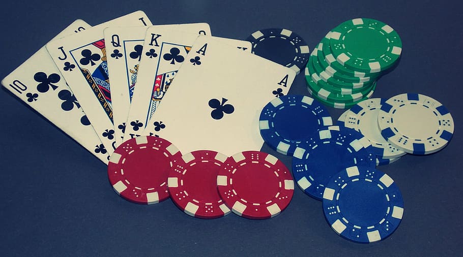 poker chips with playing cards, royal flush, card game, win, gambling