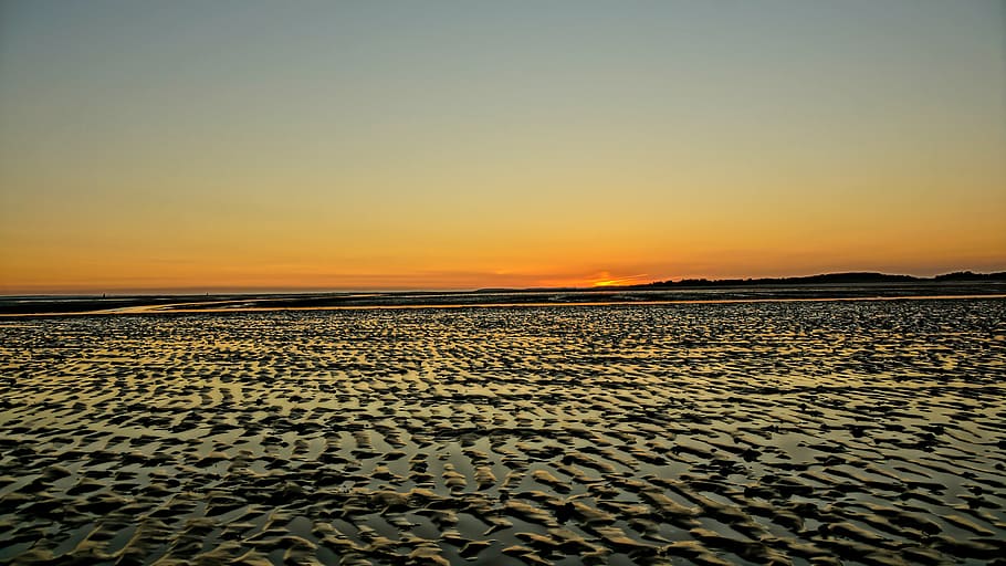 sunset, intertidal zone, low tide, ebb, ocean, sea, landscape HD wallpaper