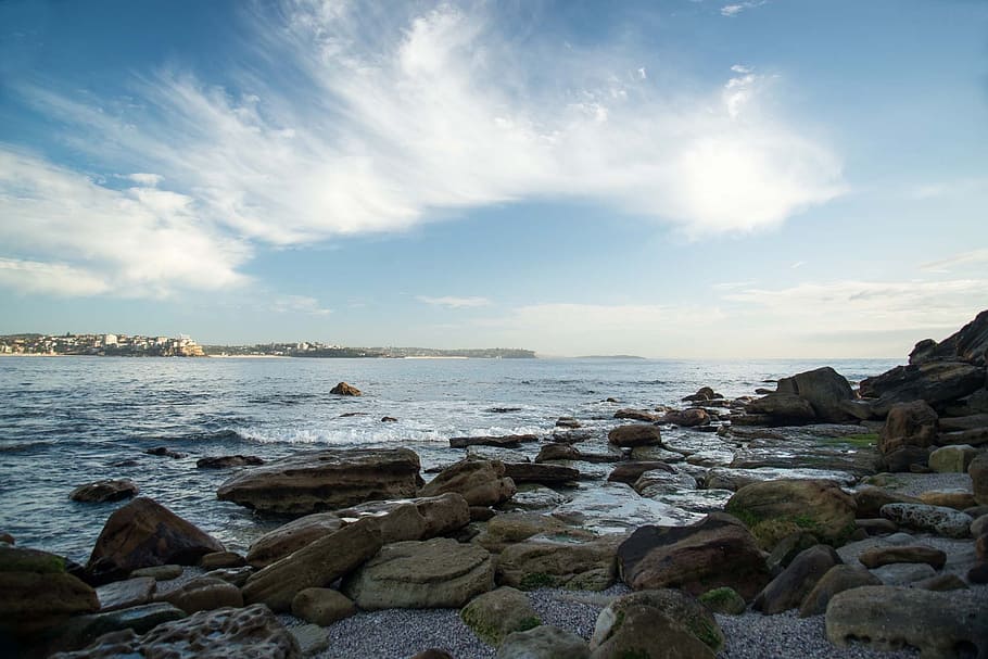 ocean, rocks, clouds, manly, australia, beach, seascape, water, HD wallpaper