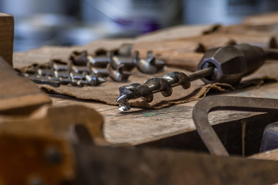 selective focus photography of drill bit, tool, wood, works HD wallpaper