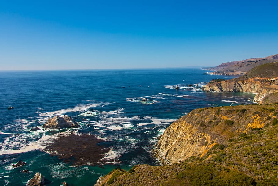 sea, landscape, mountains, nature, bay, beach, blue sky, cliff HD wallpaper