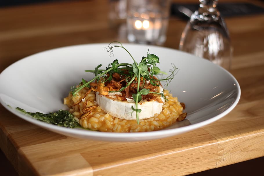 dish on white ceramic plate, risotto, food, pumpkin, goat's cheese
