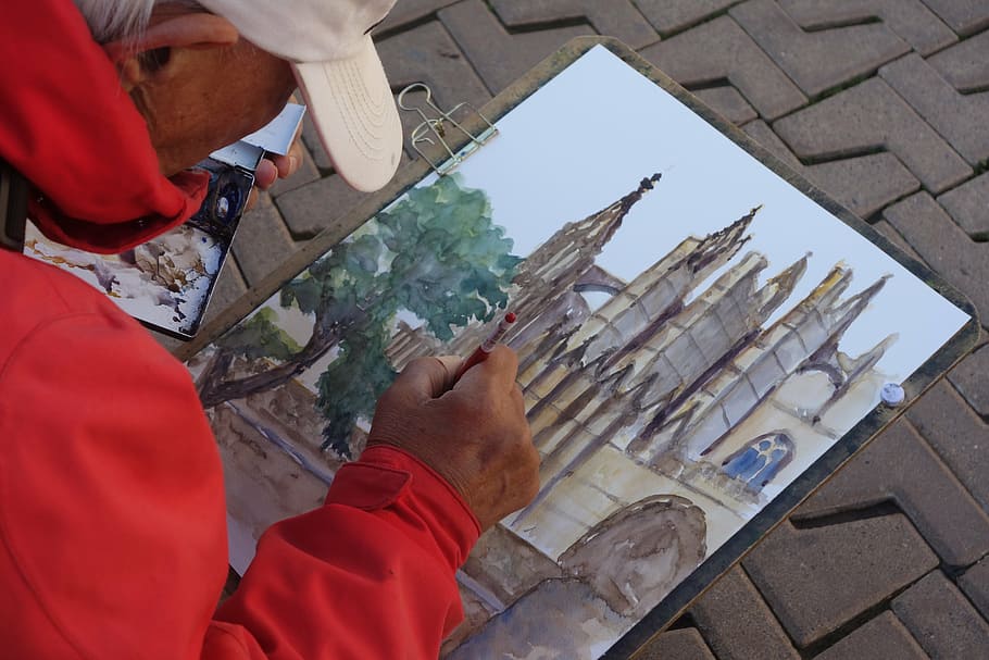 artist, painting, palma, cathedral, la seu, watercolor, mallorca, HD wallpaper